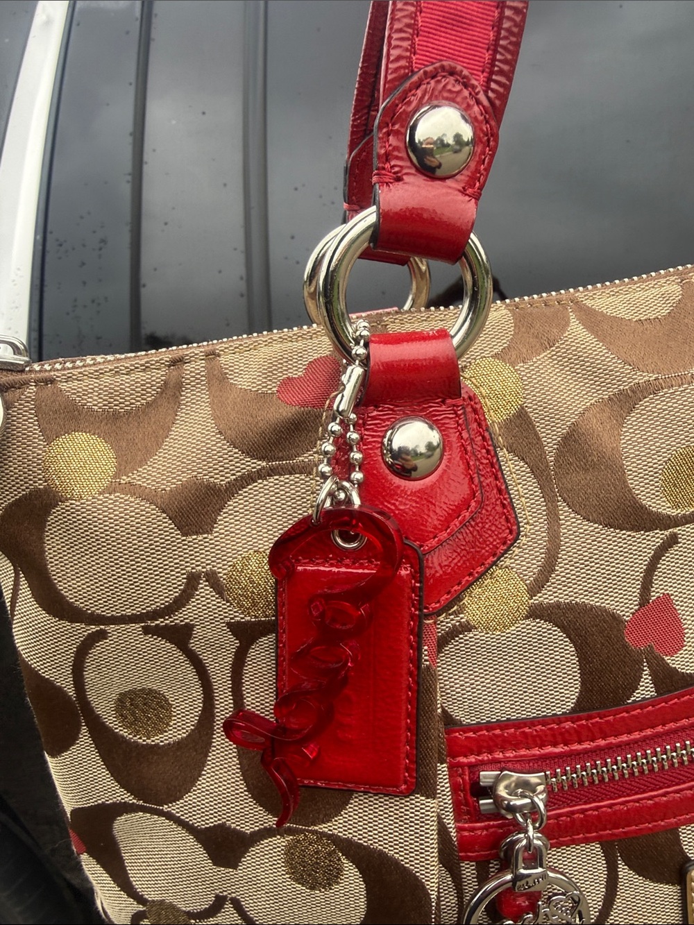 🌺❤️Coach Poppy Glam Tote 16289 Hearts Gold Dot Signature Canvas Red Leather Y2K🤎 - Picture 7 of 15